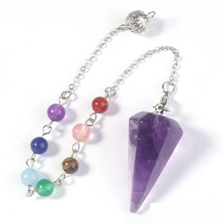 Pendant Necklaces 36X18Mm Big Size Trendy-Beads Sier Plated Hexagon Pyramid Pendum Chakra Natural Purple Amethysts Fashion J Dhgarden Dhguz