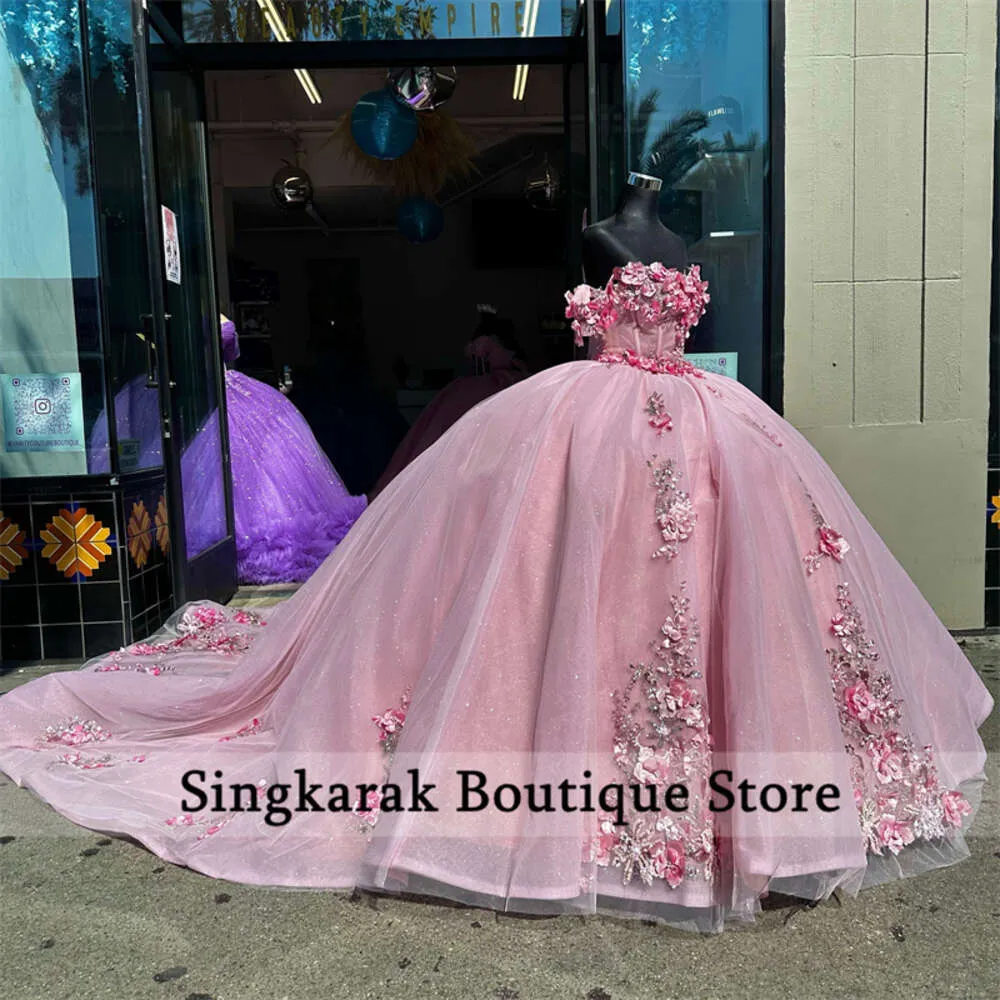 Elegant Pink Quinceanera 2024 Sweet 16 Dress Flowers Appliques Crystals Beading Vestidos 16th Party Ball Gown