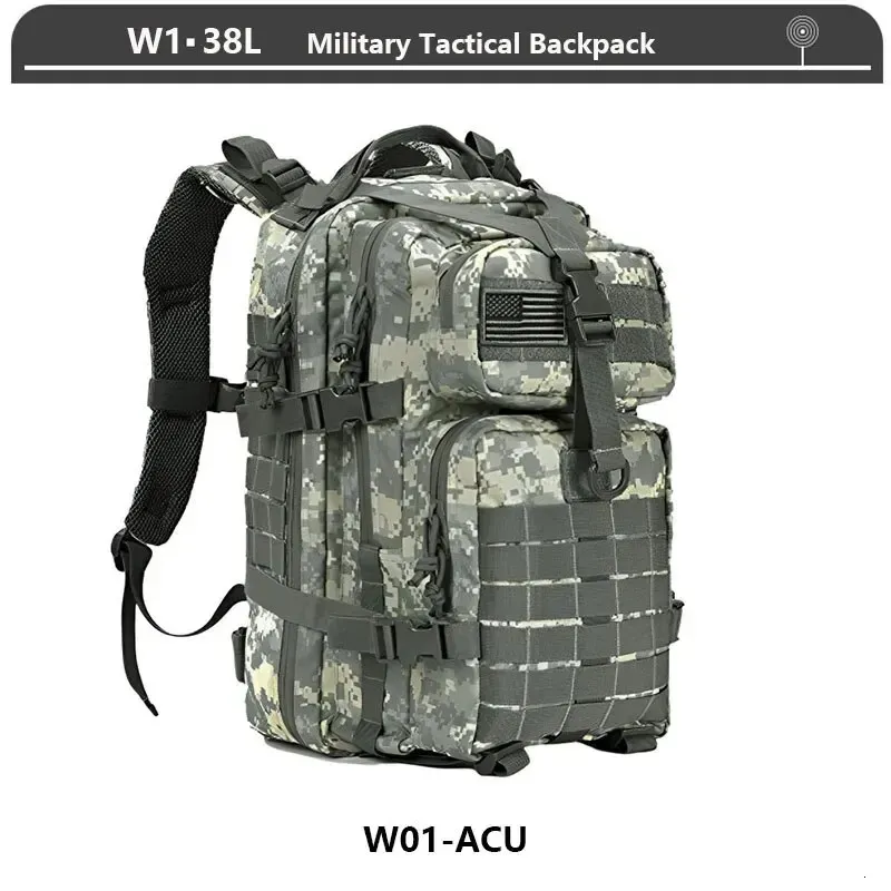 Outdoor Bags Military Tactical Backpack 3 Day Assault Pack Army Molle Bag 38/45L Large Outdoor Waterproof Hiking Camping Travel 600D Rucksack