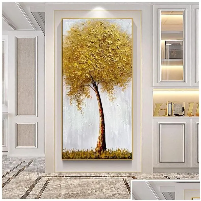 Paintings Paintings Abstract 3D Oil Painting Gold Thick Art Handmade Canvas Fortune Tree Pictures Wall Artwork Living Room Decoration