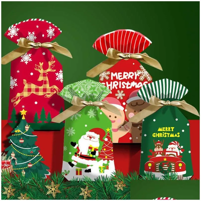 new 10pcs cartoon xmas candy gift bags kids cookie sweet plastic drawstring bag christmas decorations for home new year party 2023