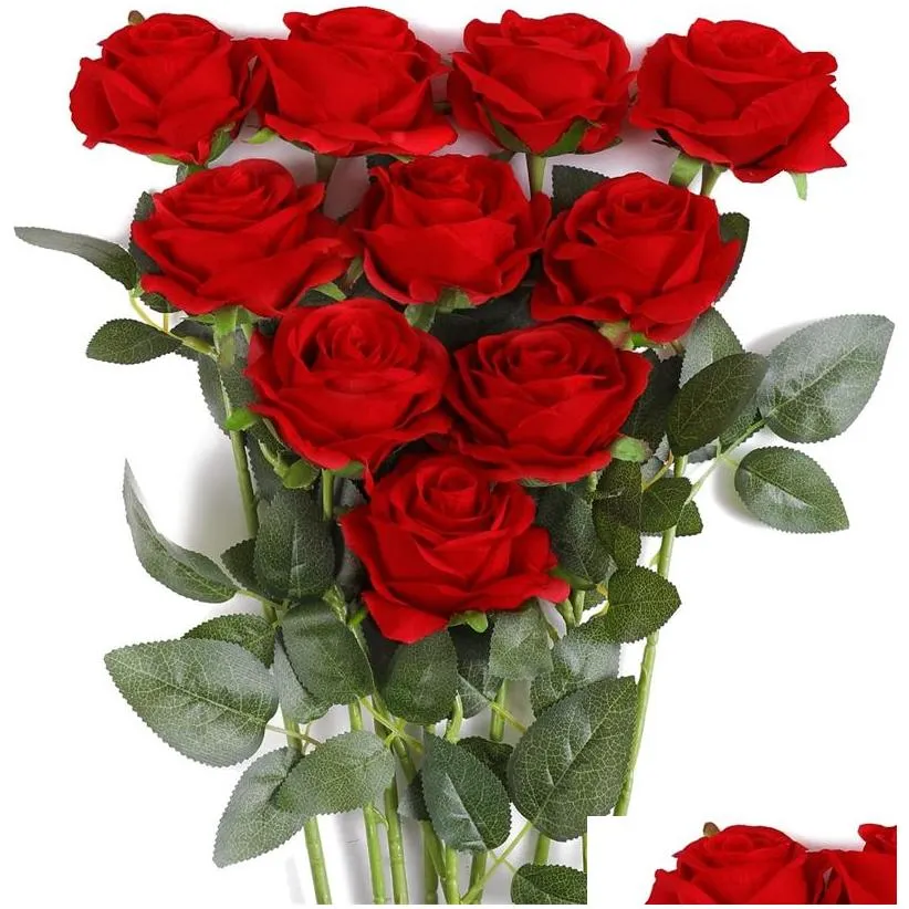 Decorative Flowers & Wreaths Artificial Rose For Valentines Day Roses Real Touch Silk Single Fake Flower Long Stem Bouquets Home Weddi Dhuoj