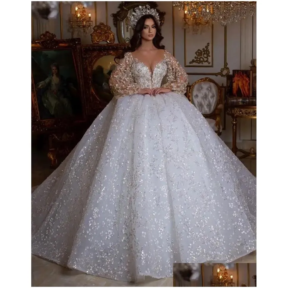 A-Line Wedding Dresses 2024 Arabic Long Sleeves Beaded Pearls Crystals Sequined Satin Bridal Gowns Luxury Dubai Empire Ball Gown Princ Otbtf