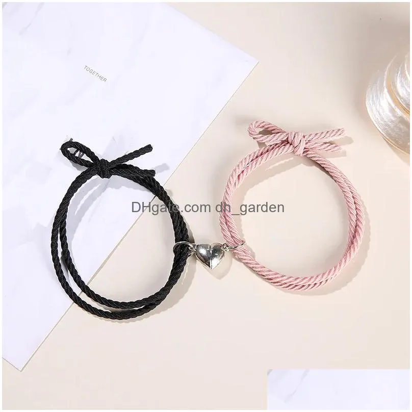Other Bracelets 2Pcs/Pair Adjustable Magnet Couple For Lovers Handmade Elastic Rubber Band Love Drop Delivery Jewelry Dhgarden Dhnxo