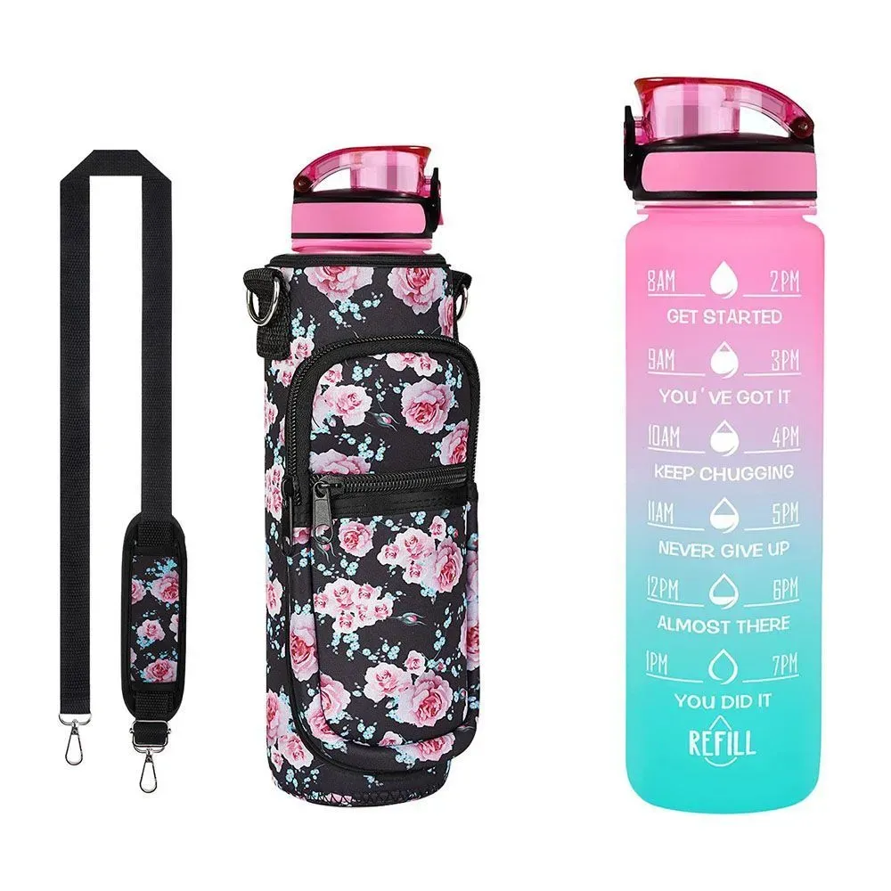 32 OZ Water Bottles Cover And Straw Strap Motivational Cup Times to Drink BPA Free 1L Reusable Sports Water Bottle with Sleeve Carrier Outdoor J0523 JJ