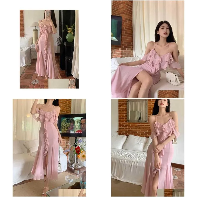 women sumemr pink chiffon ruffles off shoulder split long dress wedding prom dress robe elegante femme bridesmaid dresses