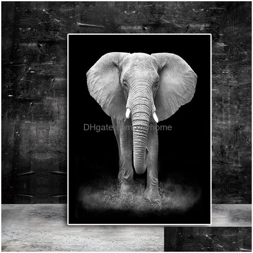 Paintings Painting Wild Animals Black And White African Elephant Canvas Posters Prints Modern Wall Art Picture Living Room Cuadros Dro Dhnm0