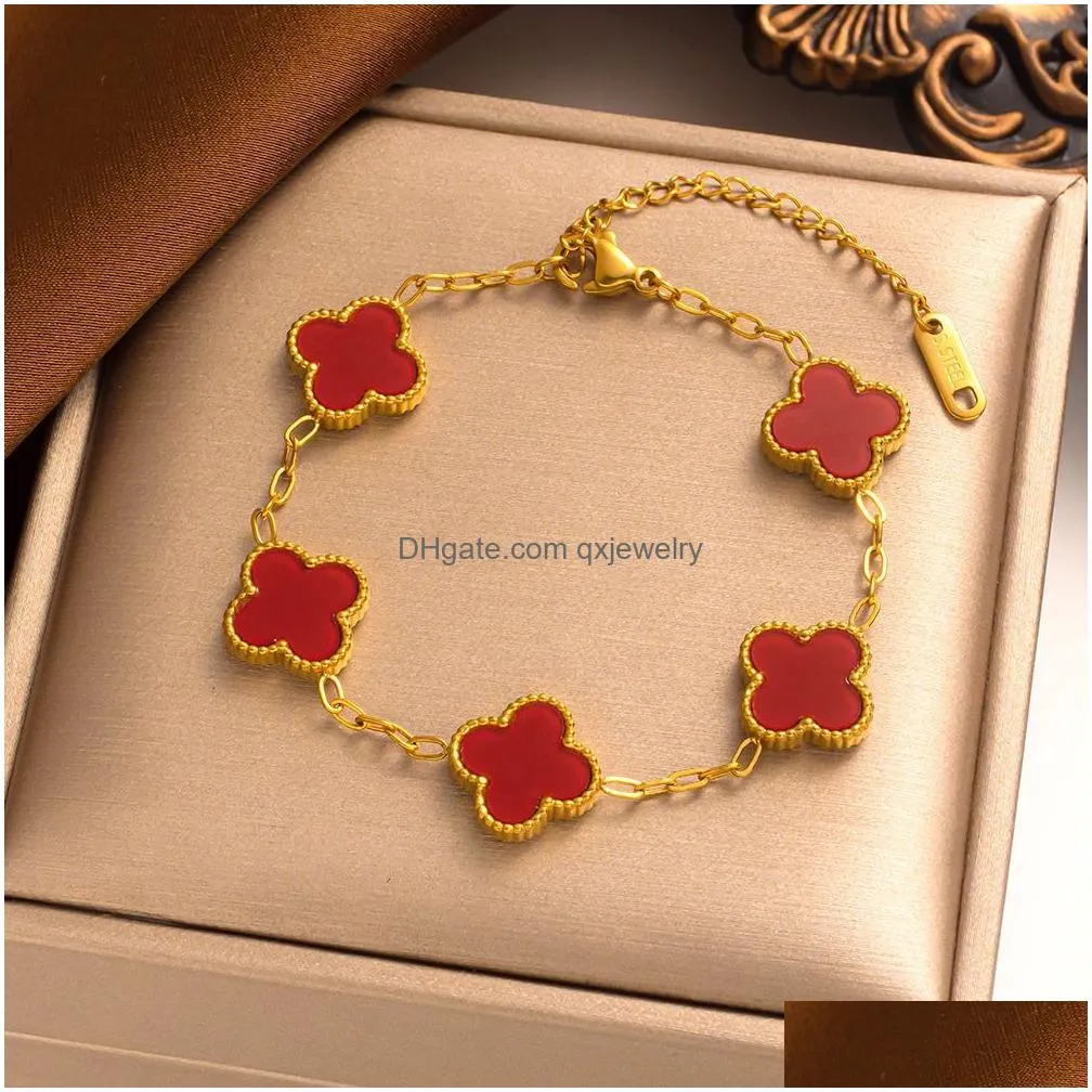 Chain Gold Plated Clover Lucky Bracelet For Women White/Black/Red/Green Bracelets Cute Link Jewelry Gifts Trendy Teen Drop Delivery Dhqef