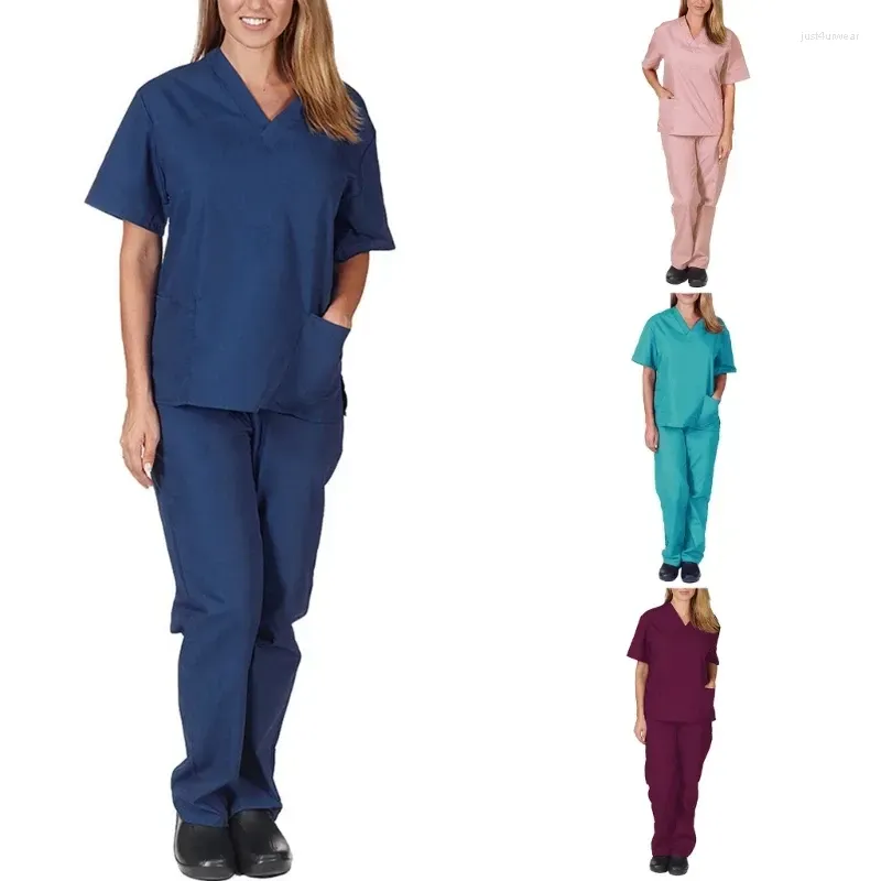 Women`s Two Piece Pants Scrubs Set For Women Nurse Uniform Suit Short Sleeve Top & Pant With Pocket Workwears