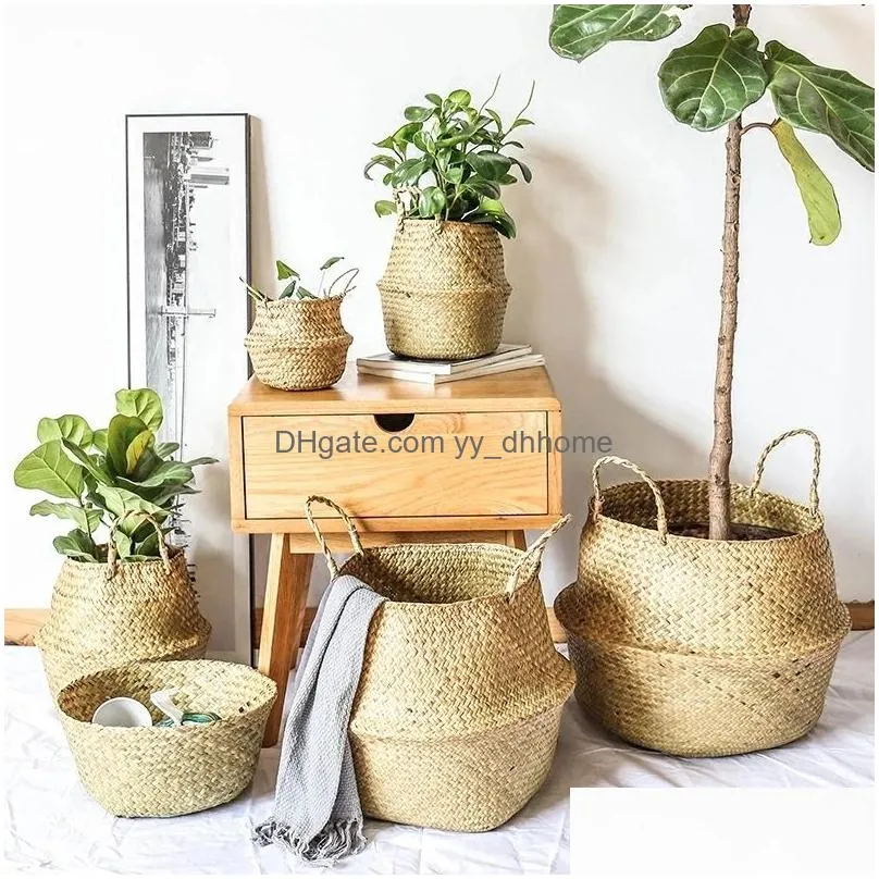 seaweed wicker storage baskets straw wicker rattan hanging flowerpot seagrass folding laundry basket plant basket home decor