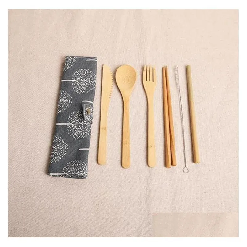 Other Event & Party Supplies Sets Wooden Dinnerware Bamboo Teaspoon Fork Soup Knife Catering Cutlery Set With Cloth Bag Kitchen Cookin Dh8Rc