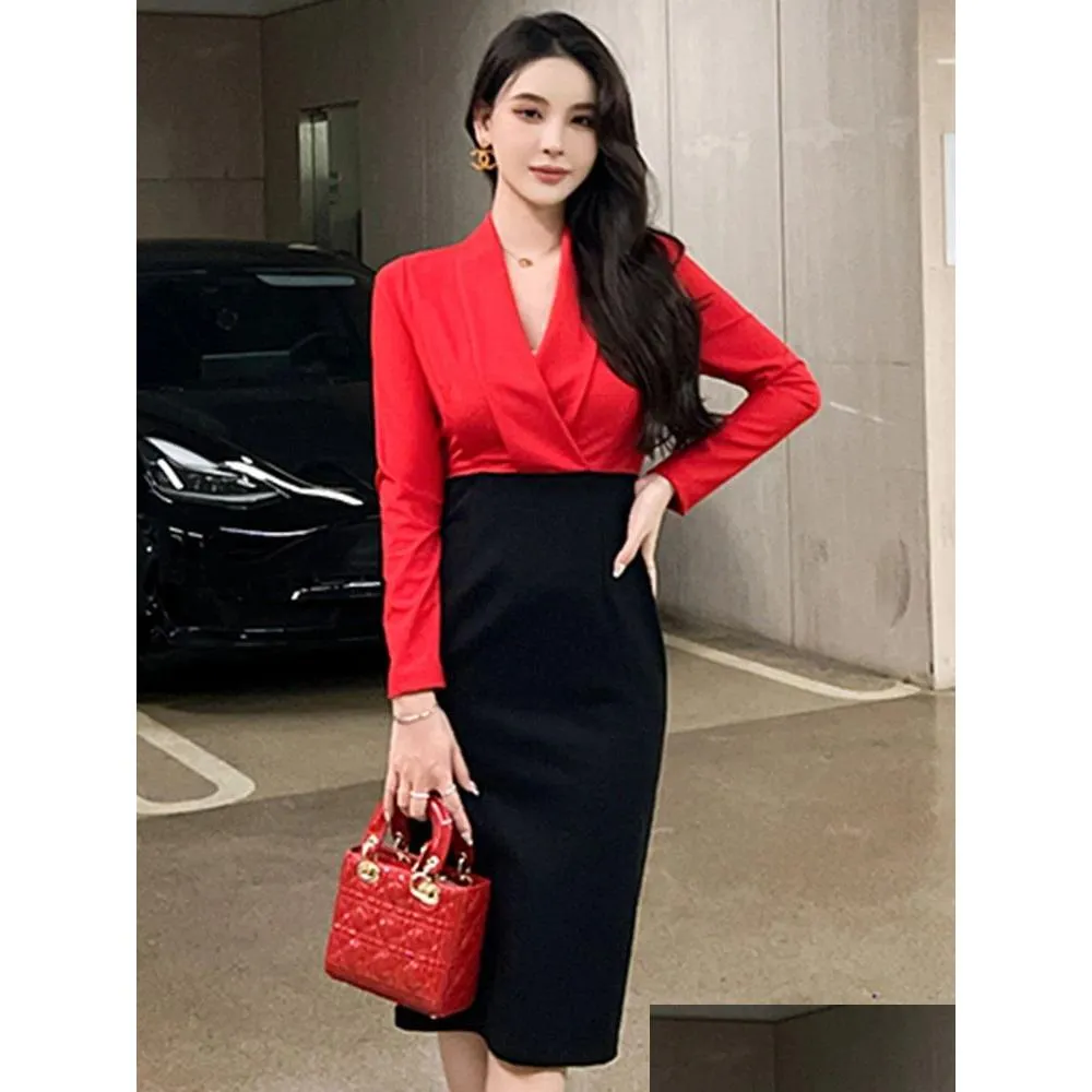 basic casual women dresses summer spring elegant midi dresses for women office lady profession dress red black panelled slim vestido business robe female
