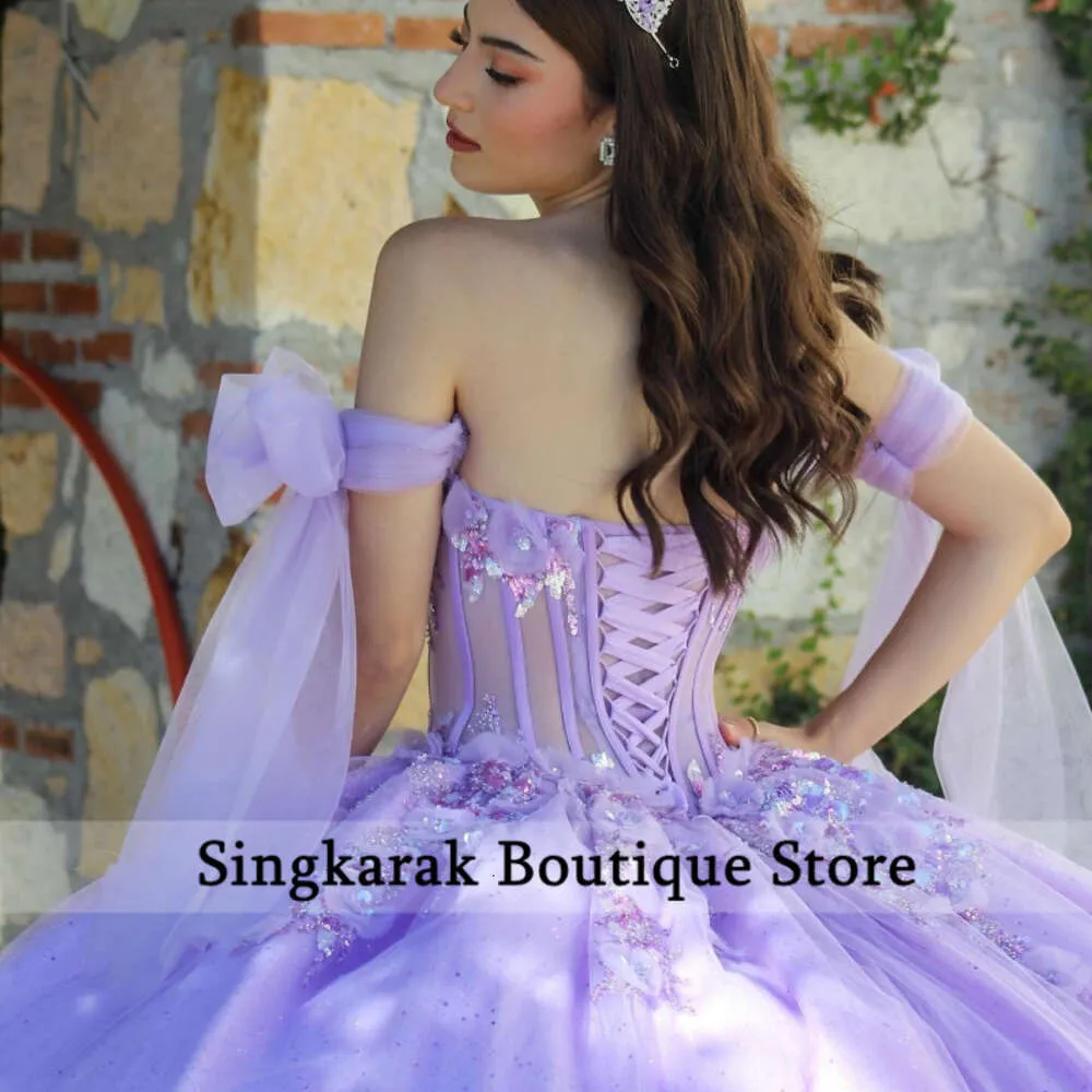 Lavender Purple Princess Ball Gown Quinceanera Dresses Ribbons Flowers Lace Appliques Beads Vestidos De 15 Anos Sweet 16th Dress