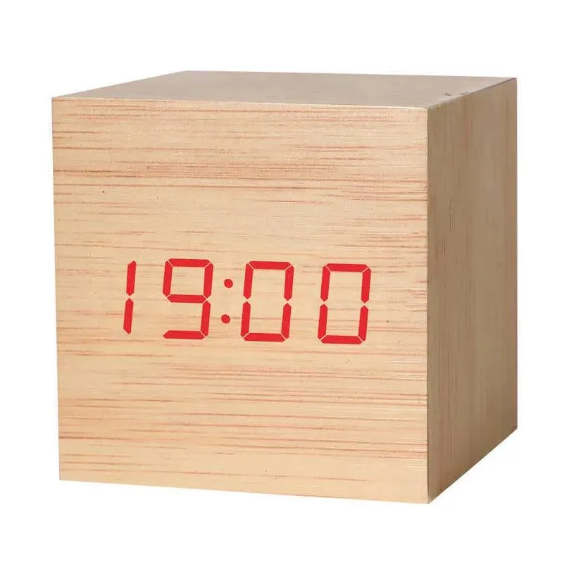 new voice-activated electronic digital alarm clock creative led lazy wooden clock date temperature clock small cube art clock