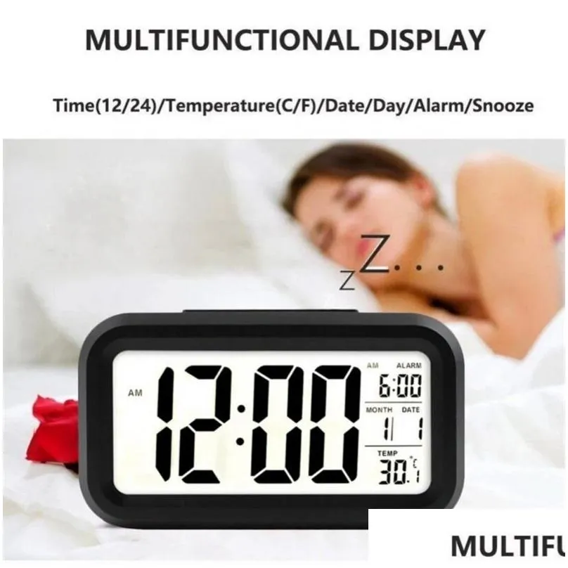 Desk & Table Clocks Mute Alarm Clock Lcd Smart Temperature Cute Posensitive Bedside Digital Sn Nightlight Calendar Drop Delivery Home Dhg7U