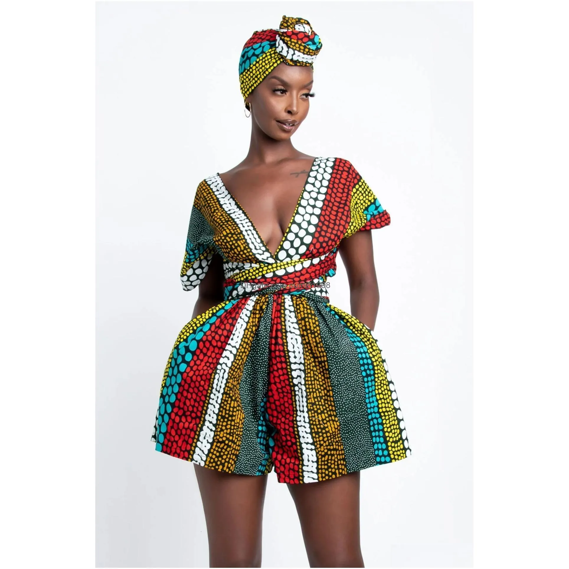 Ethnic Clothing Fashion Women African Clothes Dashiki Summer Jumpsuit Short Pants Wide Leg Dresses Ladies Plus Size Drop Delivery Dhiph