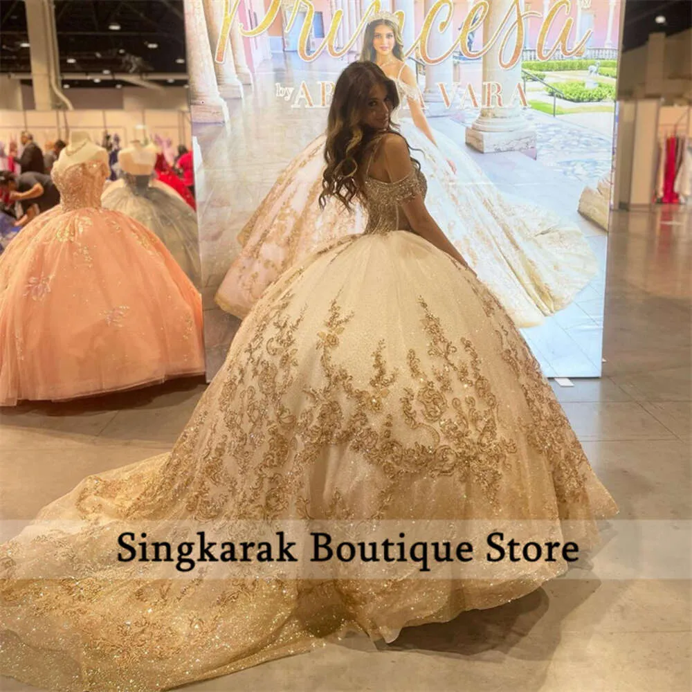 Champagne Quinceanera Dress Straps Off Shoulder Sweet 16 Years Gowns Birthday Party Princess Puffy Ball Gown Formal Vestidos