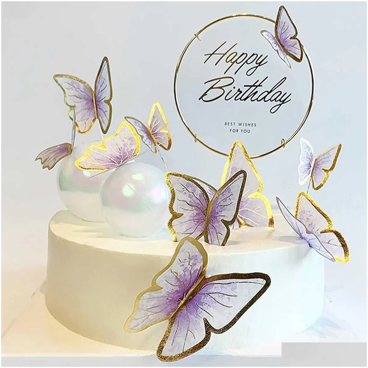 new diy stamping gold pink butterfly cake toppers happy birthday cake decoration wedding party decor shower dessert baking supplies