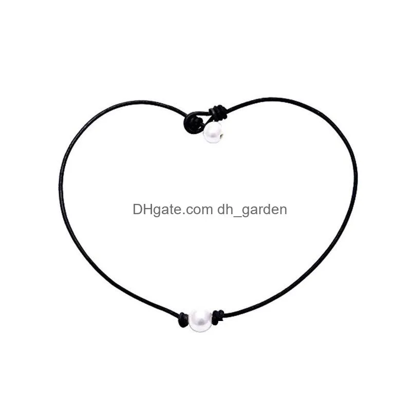 Pendant Necklaces Women Single Pearl Leather Choker Necklace On Genuine Black Cord Jewlerry For Ing Drop Delivery Jewelry Pen Dhgarden Dh6W3