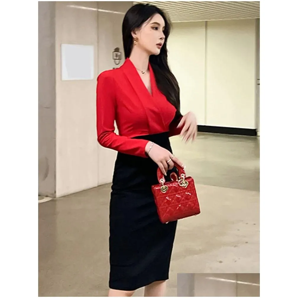 basic casual women dresses summer spring elegant midi dresses for women office lady profession dress red black panelled slim vestido business robe female