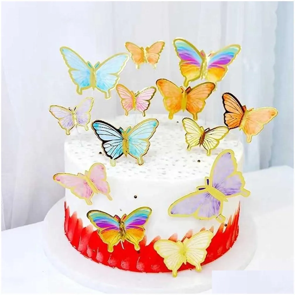 new diy stamping gold pink butterfly cake toppers happy birthday cake decoration wedding party decor shower dessert baking supplies
