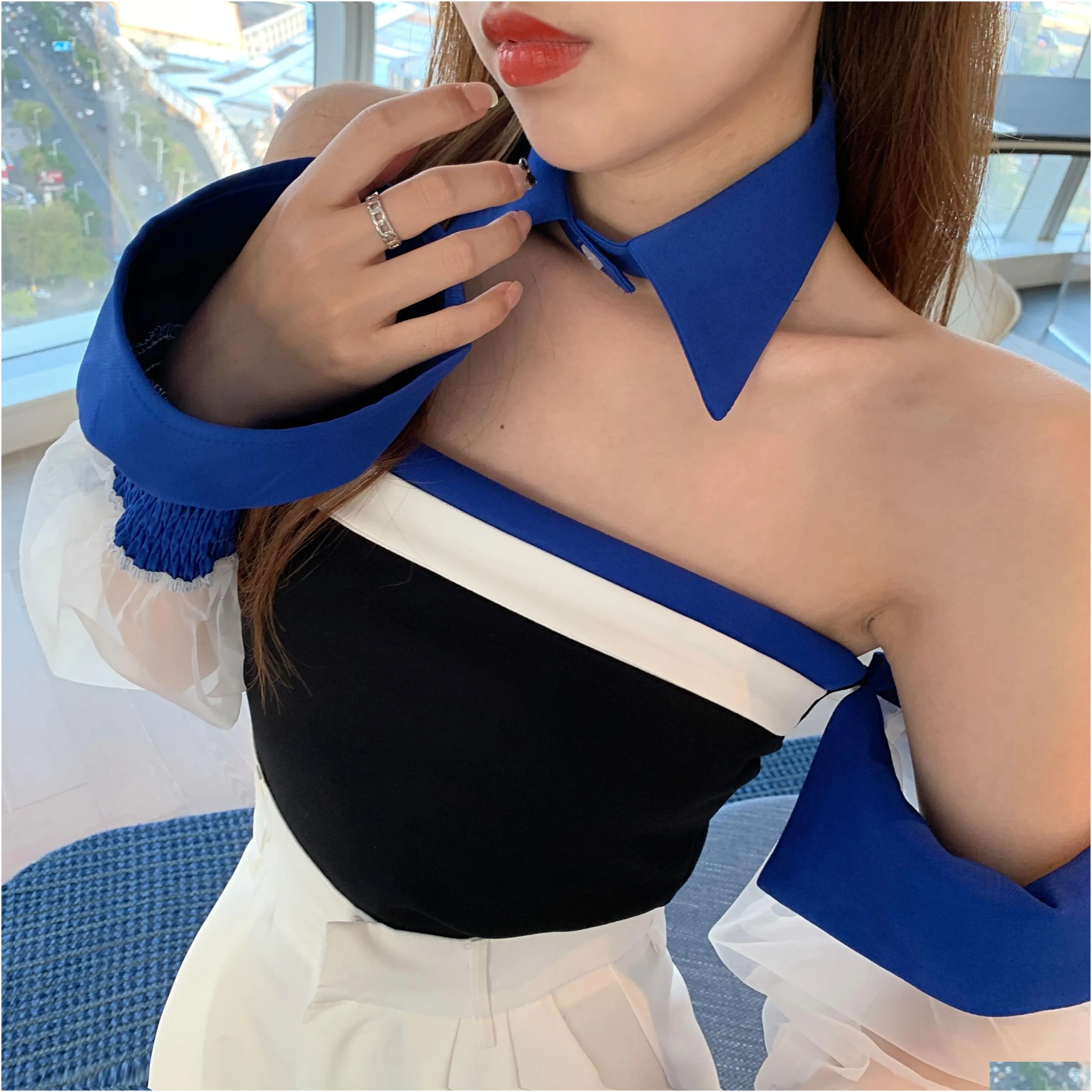 chic korean women`s blouses shirts clothes sexy off shoulder strapless organza stitching tube top 2022 summer flare sleeve