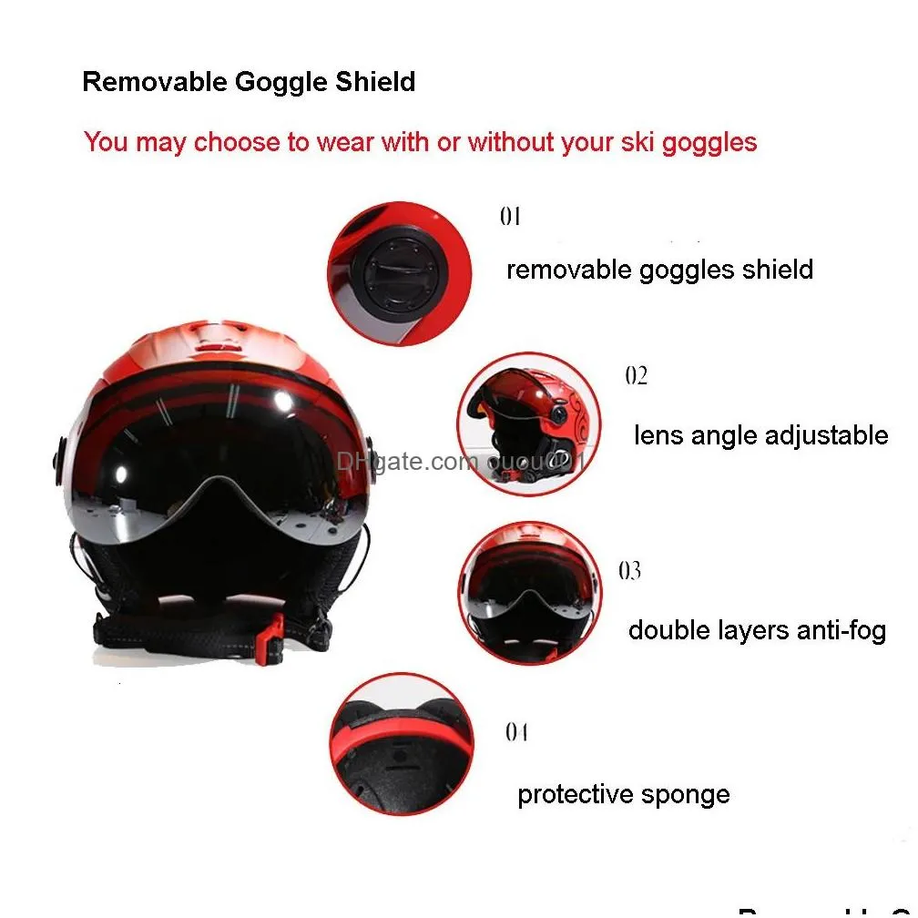 Ski Helmets 2-In-1 Visor Snowboard Helmet Detachable Snow Mask Anti-Fog Anti-Uv Integrated Goggle Shield Low Weight Adts Men Drop Del Dhqzf