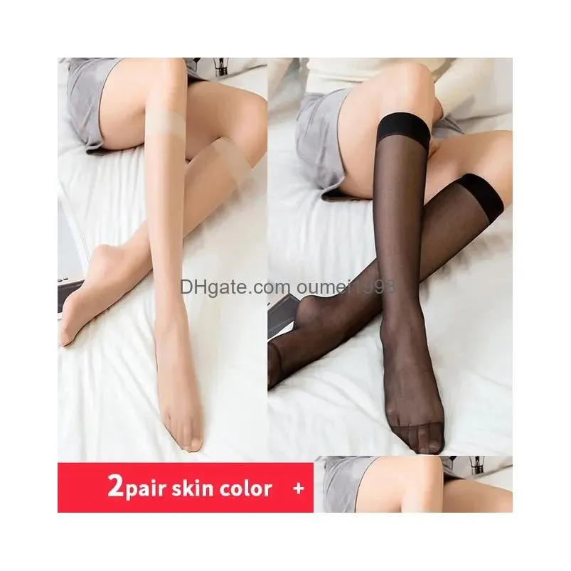 Socks & Hosiery 5Pair Set Tra-Thin Nylon Stockings Women Black And Skin Colour High Elasticity Transparent Long For Lady Drop Deliver Dhepf