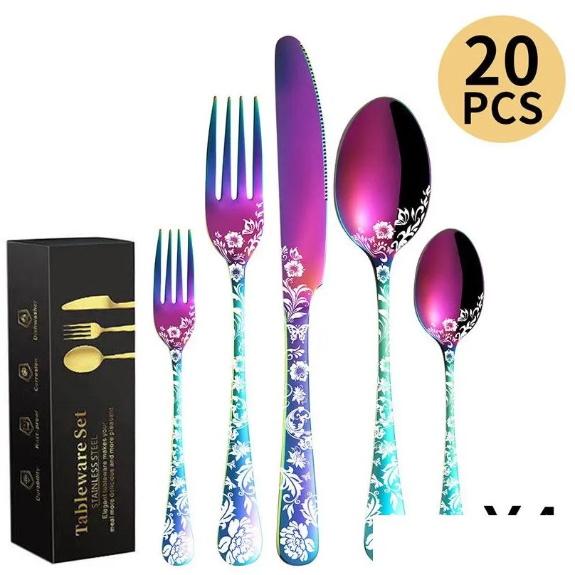 Dinnerware Sets 20 Piece Flatware Set Stainless Steel Tableware Cutlery For 4 Unique Pattern Design Includes Dinner Knives/Forks/Spoon Dhhds