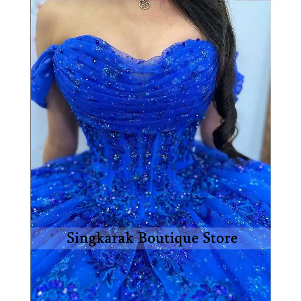 Cute Royal Blue Ball Gown Quinceanera Dresses 2024 Beading Flowers Appliques Sweet 16 Prom Party Gowns Lace Up Back