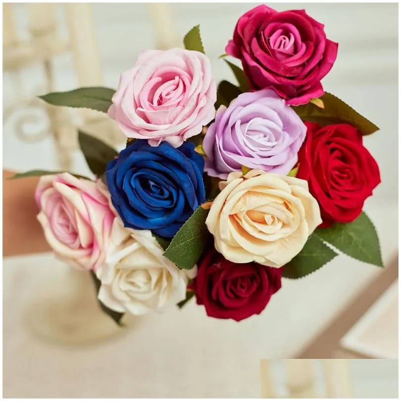 Decorative Flowers & Wreaths Artificial Rose For Valentines Day Roses Real Touch Silk Single Fake Flower Long Stem Bouquets Home Weddi Dhuoj