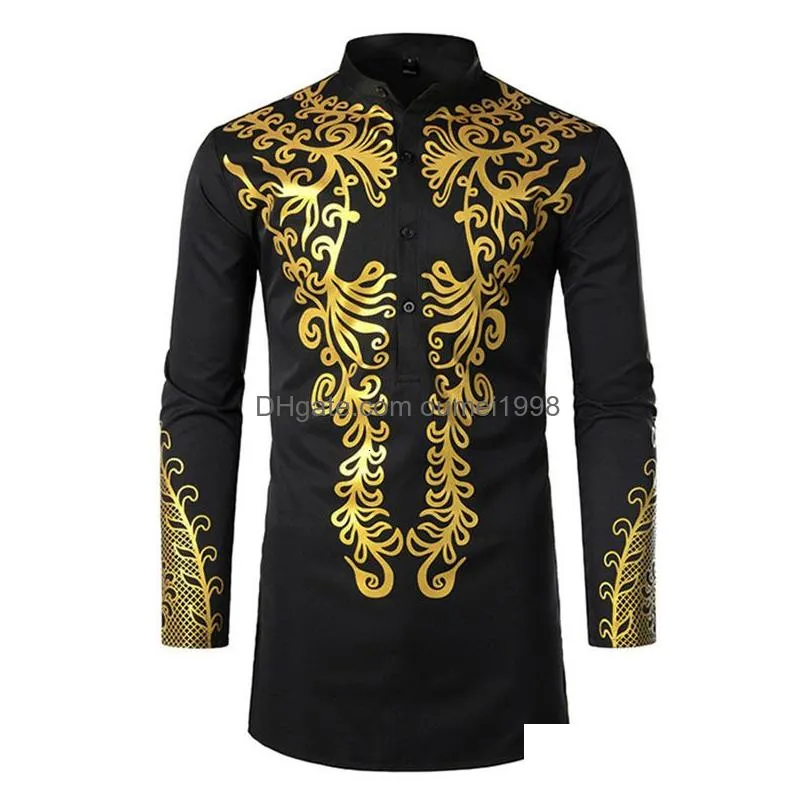 Ethnic Clothing African Golden Polished Dress Shirts Long Tunic Mens Fashion Print Button Up Bridegroom Top Stand Collar Clothes Blac Dh94B