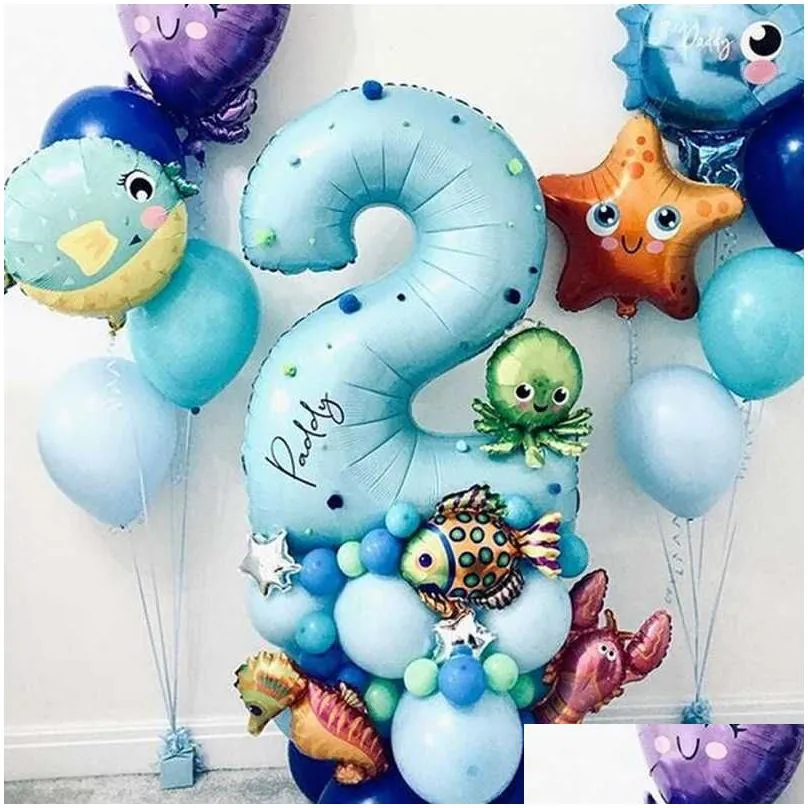 new 45pcs ocean world under sea animal balloons blue number foil balloon kids birthday party decoration baby shower helium globos