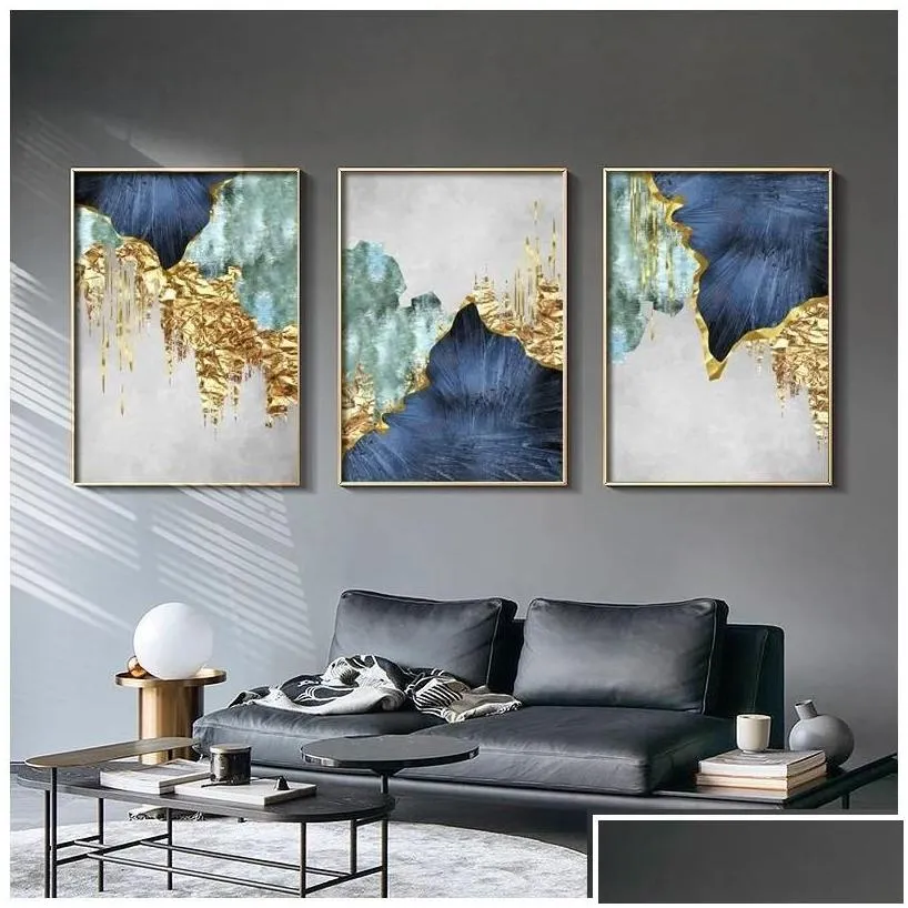 Paintings Nordic Blue Golden Foil Lines Canvas Posters Print Modern Abstract Wall Art Painting Decoration Picture Living Room Home D