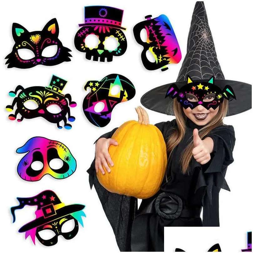 new 8pcs halloween diy scratch masks magic rainbow color kids painting gift toys halloween party favors decoration horror cosplay