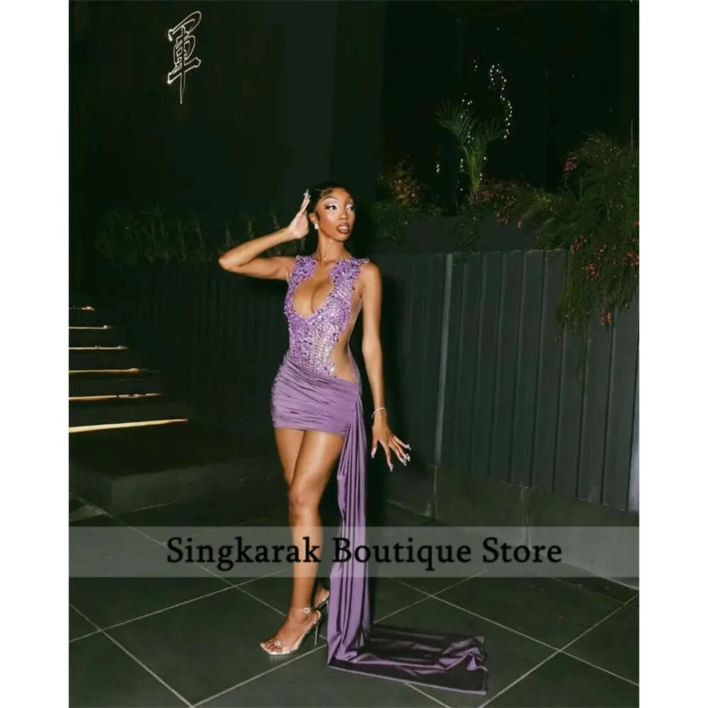 Glitter Lavender Purple Diamonds Prom Dresses Veet Rhinestones Beaded Crystals Birthday Party Gown tail Robe De Bal