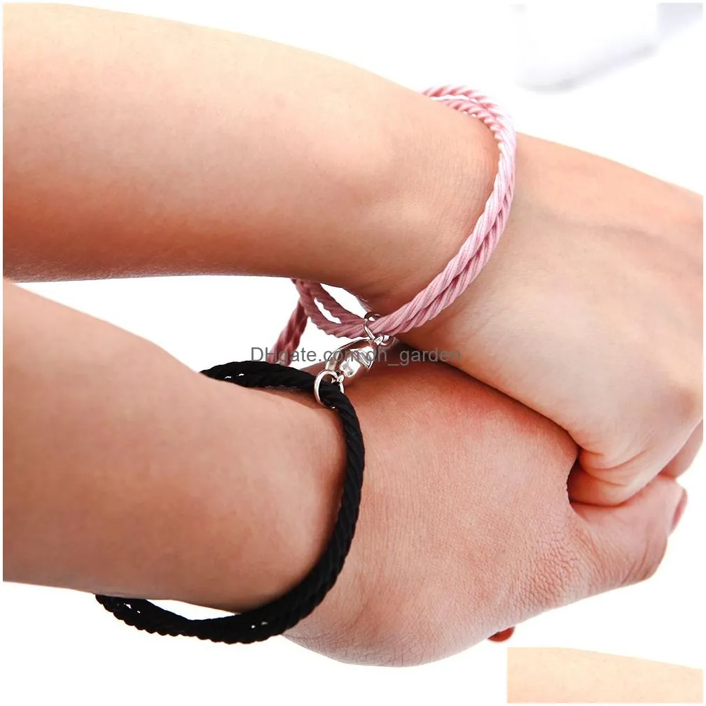 Other Bracelets 2Pcs/Pair Adjustable Magnet Couple For Lovers Handmade Elastic Rubber Band Love Drop Delivery Jewelry Dhgarden Dhnxo