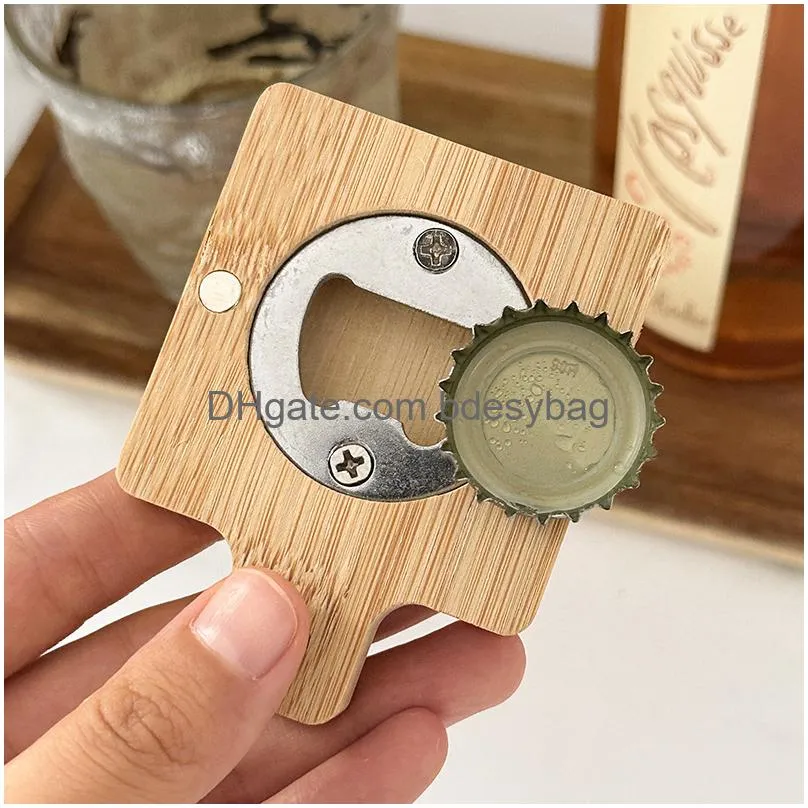 Openers Blank Diy Beech Wooden Round Shape Bottle Opener Coaster Fridge Magnet Decoration Beer Custom Logo Home Garden Kitchen Drop D Otrh1