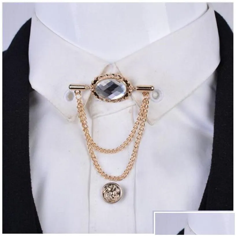 Pins Brooches Wholesale- High Quality Fashion Crystal Gem Men Brooch With Tassel Chain Shirt Tassels Suit Lapel Pin Accessories Shawl