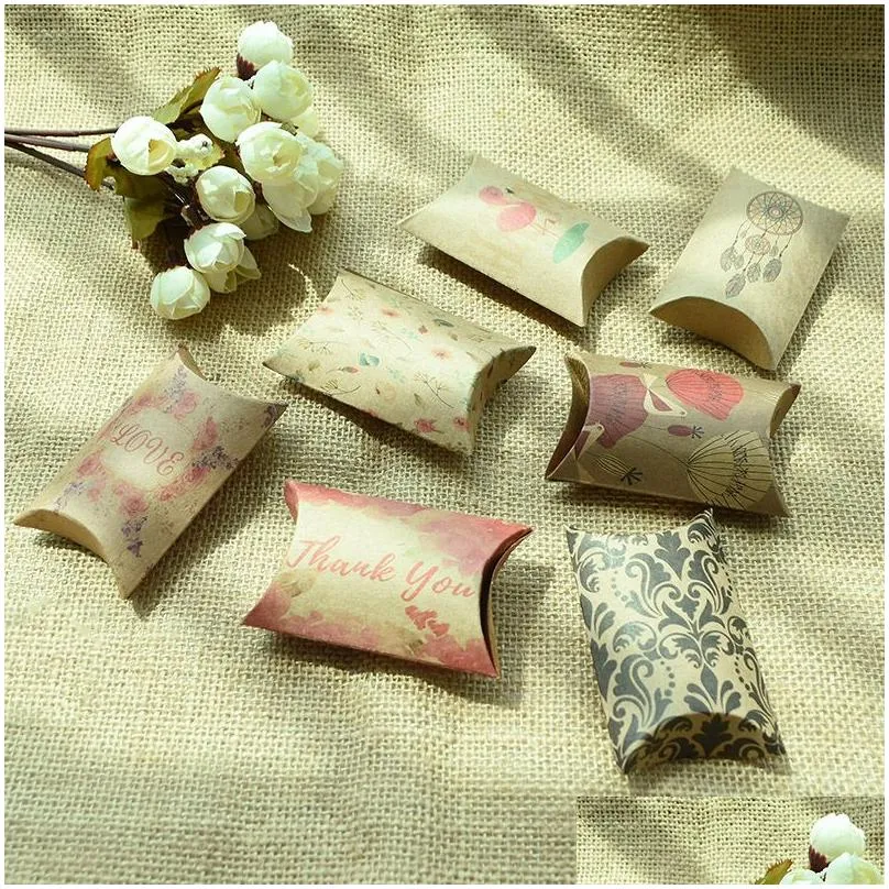 Packing Boxes Wholesale Kraft Paper Box Pillow Shape Candy Wedding Favor Gift For Home Baby Shower Kids Birthday Party Supplies Drop D Dhdsy