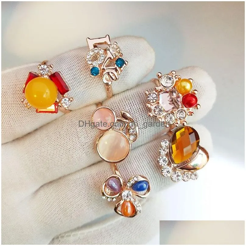 Band Rings Cat Eye Stone Crystal Rose Gold Women Fashion Jewelry Zircon Ring Sweet Retro Elegant Flower Open Adjustable Siz Dhgarden Dhldt