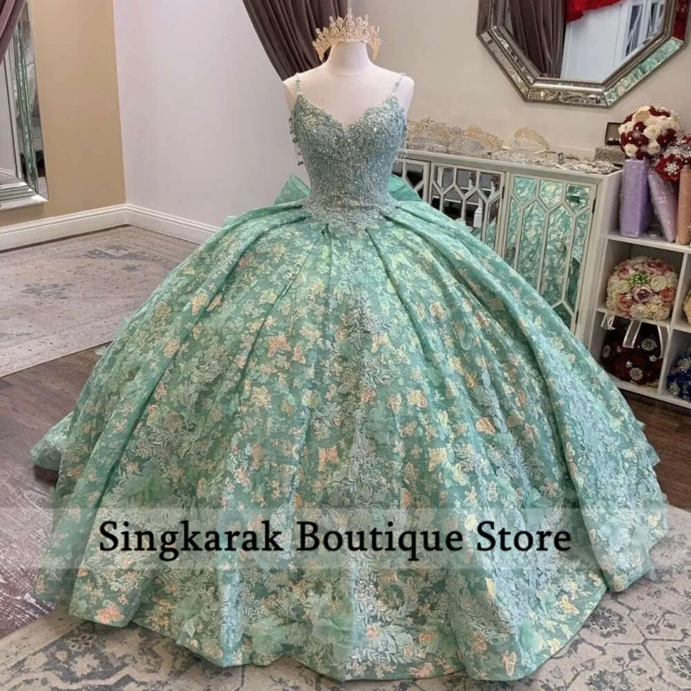 New 2024 Green Princess Quinceanera Dresses Ball Straps Flowers Appliques Beaded Crystals Sweet 16th Gown Court Train