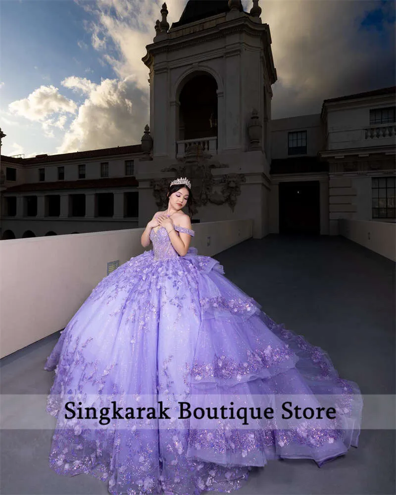 Lavender Princess Ball Gown Quinceanera Dresses Flowers Appliques Beads Vestidos De 15 Anos Sweet 16th Dress
