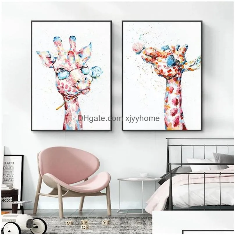 Paintings Canvas Poster Painting Colorf Giraffe Animal Spray Wall Art Picture For Kid Living Room Home Drop Delivery Garden Arts, Craf Dh205