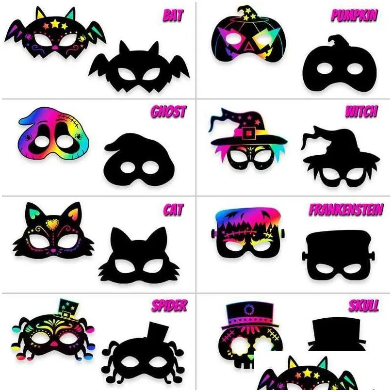 new 8pcs halloween diy scratch masks magic rainbow color kids painting gift toys halloween party favors decoration horror cosplay