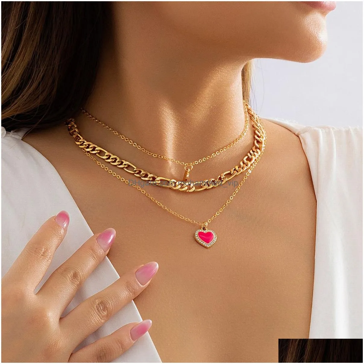 sweet cool pink color love shaped pendant necklace set thickness neck chain stacked for women dating gift creative jewelry
