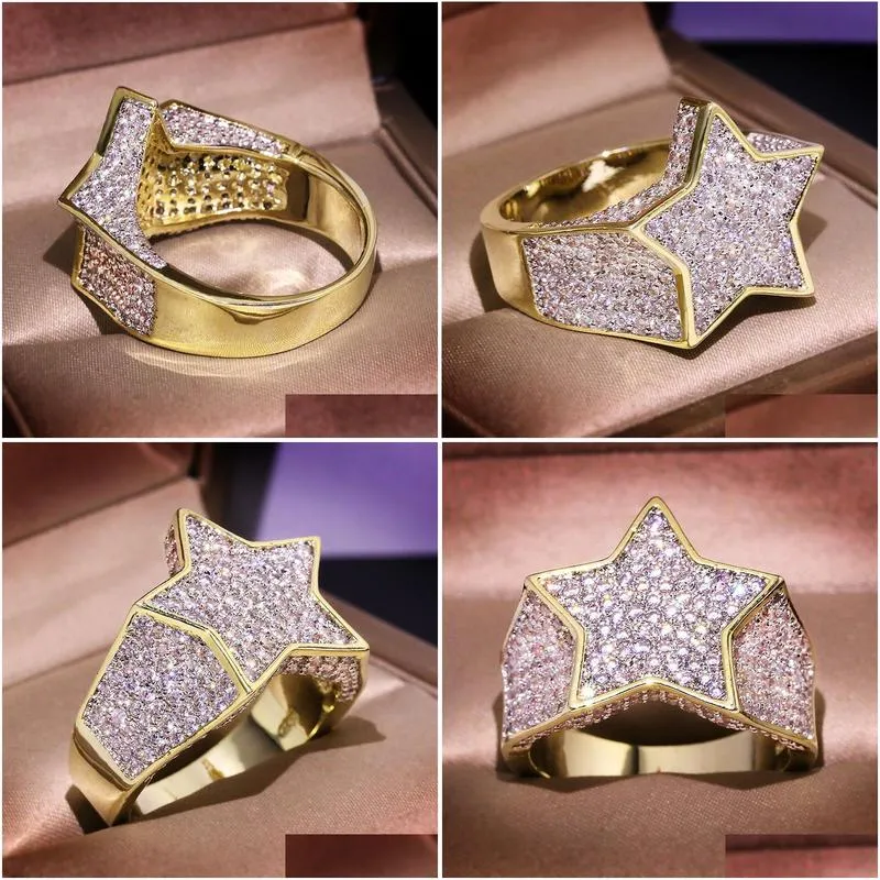 Mens Iced Out Gold Rings High Quality Five-pointed Star Stones Rings Hip Hop Ring Jewelry