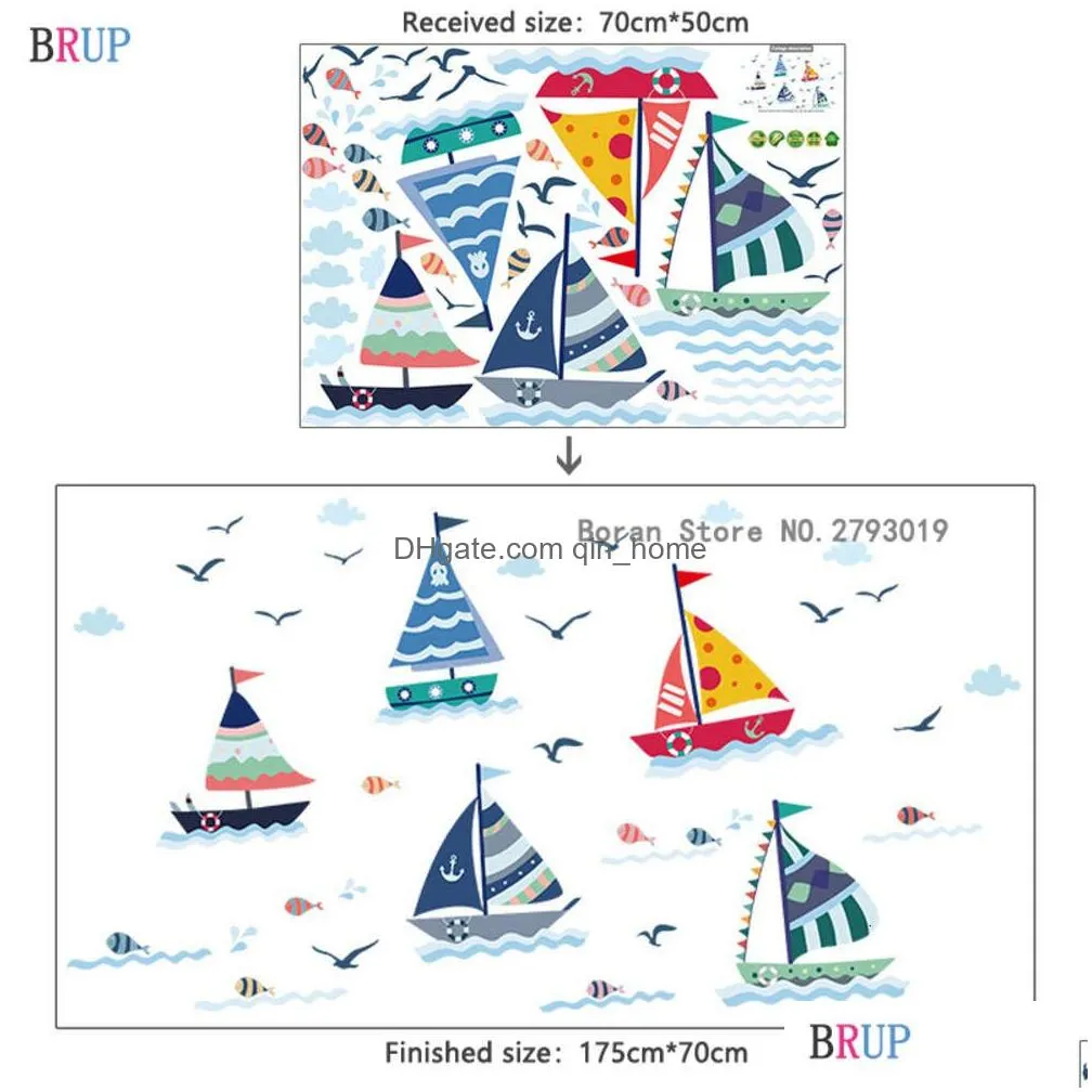 cartoon sailboat wall stickers for bathroom ocean seagull home decor kids room decoration fish wall decals waterproof removable