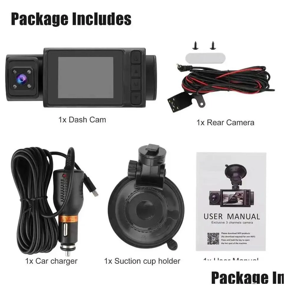 2 Inch HD 1080P 3 Lens S11 Car DVR Video Recorder Dash Cam Rear Camera 130 Degree Wide Angle Ultra Resolution Front with Interior with Rear Camera Motion