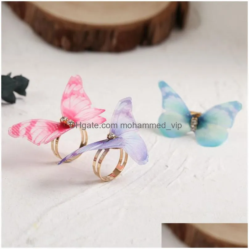 3 pcs/set cute yarn fabric multicolor insect butterfly rings for women gold color metal adjustable opening ring girls jewelry